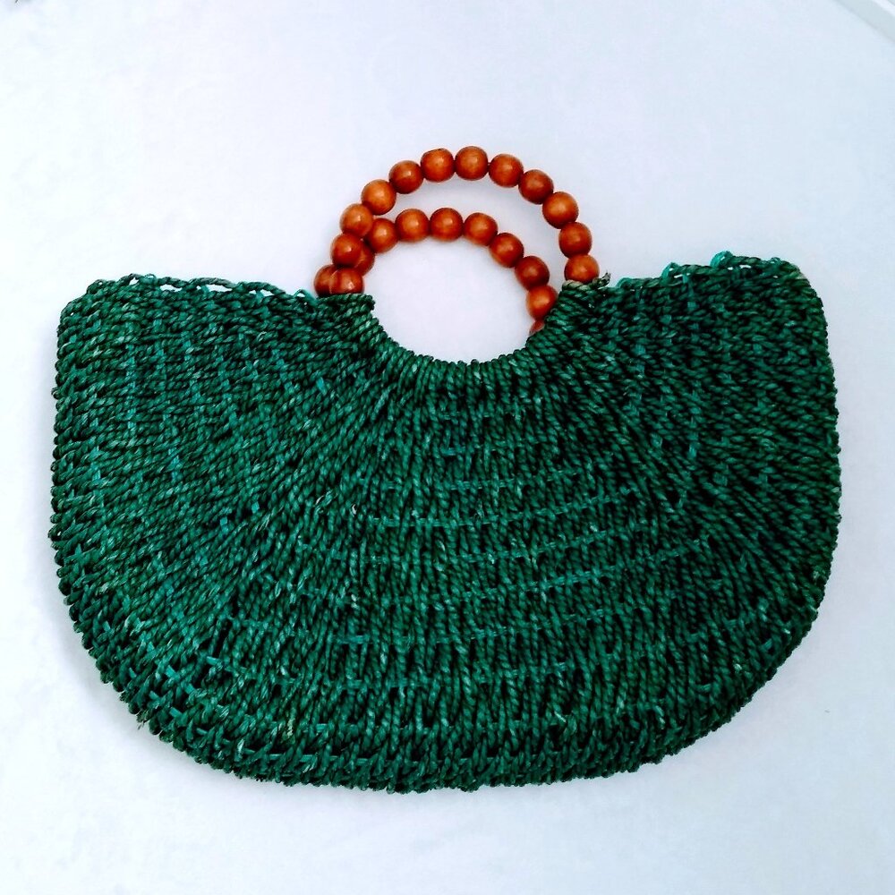 Teal Color Wicker Straw Beach Bag Beaded Round Handle Summer Beach Tote Bag